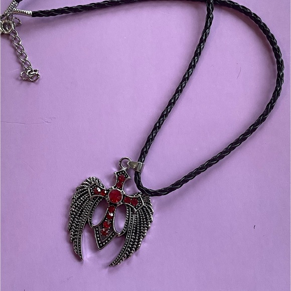 Angel Wings Cross Red Rhinestones Necklace. Religious Necklace Punk Gothic Style - Picture 4 of 5